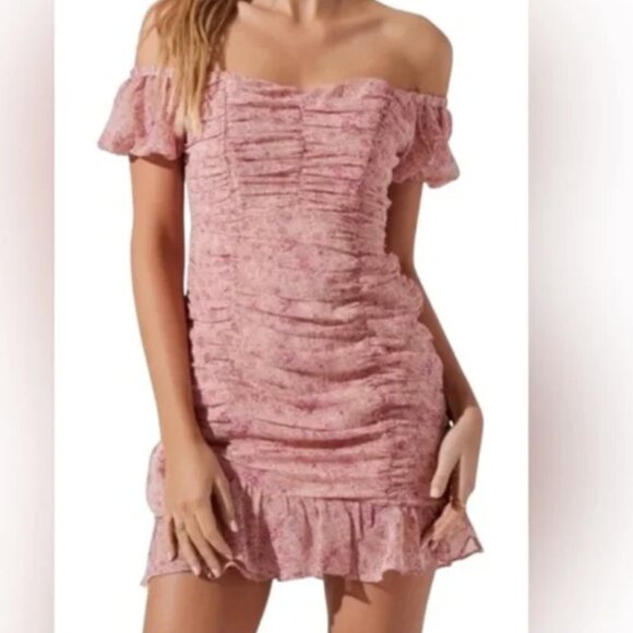 ASTRA Floral Ruched Off the Shoulder Mini Dress - Picture 1 of 5